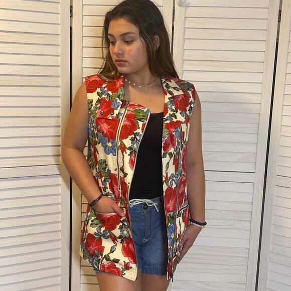 Mural Floral Multicolor Zip Vest Pockets Med - Picture 1 of 10